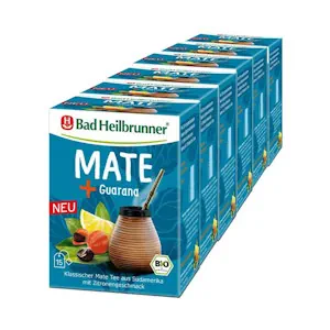 Bad Heilbrunner Bio Mate Guarana Tee - im Filterbeutel - Mate, Guarana-Samen, Zitronenschalen - klassischer Mate Tee aus Südamerika mit Kurkuma (5 x15 Filterbeutel)