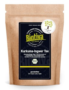 Kurkuma & Ingwer Tee Bio 250g - hochwertige Kurkumawurzel (Curcuma longa) und Ingwerwurzel (Zingiber officinale) getrocknet - Abgefüllt und kontrolliert in Deutschland - Biotiva