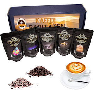 C&T Premium Kaffee Geschenk-Set | 5x Raritäten je 100g Ganze Bohne | Hawaii Kona + Jamaika Blue Mountain + Kopi Luwak Katzenkaffee + Australien Skybury - Indien Balmaadhi