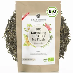 Darjeeling First Flush Bio Tee, 500g, (50+ Tassen) Premium loser Schwarztee, feinste blumige Note, ganze lose Blätter, direkt aus Indien, analysiert und geprüft, naturbelassen in DE abgefüllt 
