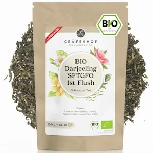Darjeeling First Flush Bio Tee, 100g, (50+ Tassen) Premium loser Schwarztee, feinste blumige Note, ganze lose Blätter, direkt aus Indien, analysiert und geprüft, naturbelassen in DE abgefüllt