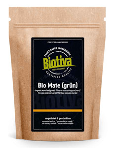 Matetee Bio 250g | ungerösteter grüner Mate Tee | Koffeinhaltige Yerba Mateblätter | Bio-Anbau | Verpackt und kontrolliert in Deutschland | Biotiva