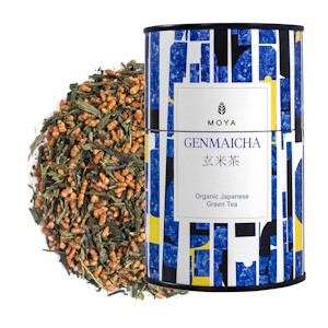 Organischer Moya Grün-Tee Genmaicha 60 g | Loseblatttee mit geröstetem, gepufftem braunem Reis | Grüner Genmai Cha aus Japan | Vegan Freundlich | in mehrfarbiger Metalldose | Perfekt Geschenk