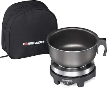 ROMMELSBACHER Reisekochplatte RK 501/S - Made in Germany, Gussheizplatte 80 mm Ø, mit Alu-Topf & Etui, ideal für Reise und Camping, stufenlos regelbar, Kabelaufwicklung, 500 Watt, Edelstahl/schwarz