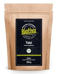 Tulsi Pulver Bio 250g - Indisches Basilikum - Ocimum Tenuiflorum - Königsbasilikum - Vegan - Abgefüllt und kontrolliert in Deutschland - Biotiva