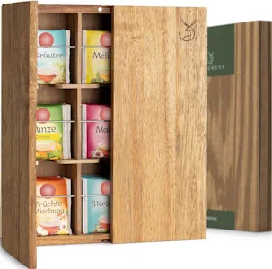 WALDWERK Design Teebox (9 Fächer) - Teebox mit Zubehör für Wandmontage - Tee Aufbewahrung aus robustem Akazienholz - Plastikfreie Teebeutel Aufbewahrungsbox - Teebox Holz